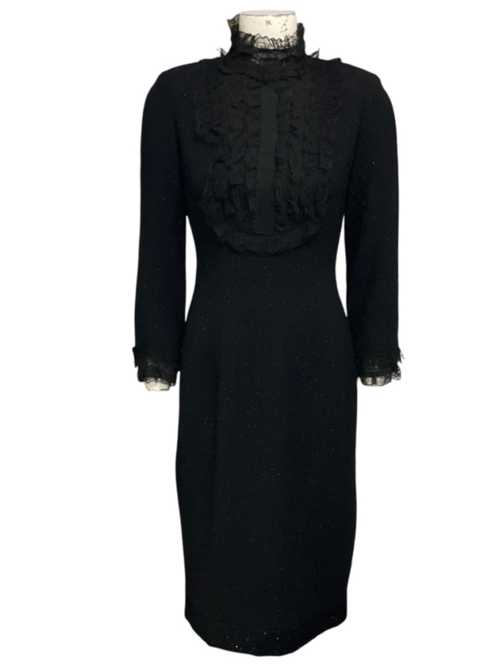CHLOE VINTAGE BLACK LACE TRIMMED LONG SLEEVED SHIMMER TWEED COCKTAIL DRESS